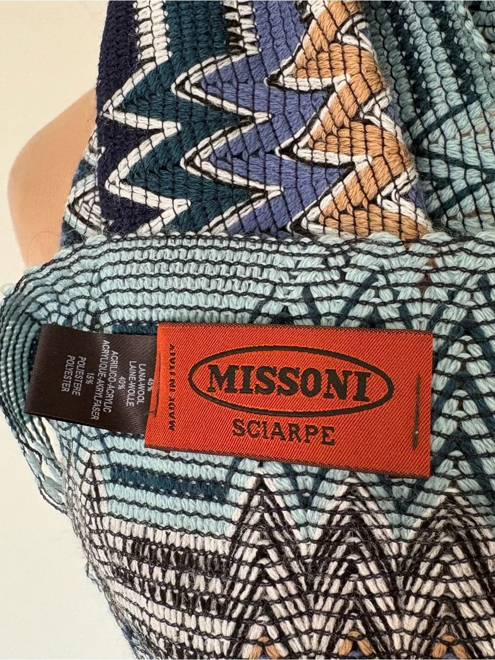 Missoni Wool ZigZag Patterned Blue Multi Fringe Edge Wrap Scarf NWOT 72.5”x16”